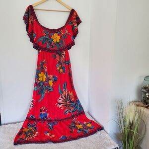 FLYING TOMATO Sz S Red Tropical Floral Maxi Boho Dress On/Off Shoulder Flowy EUC